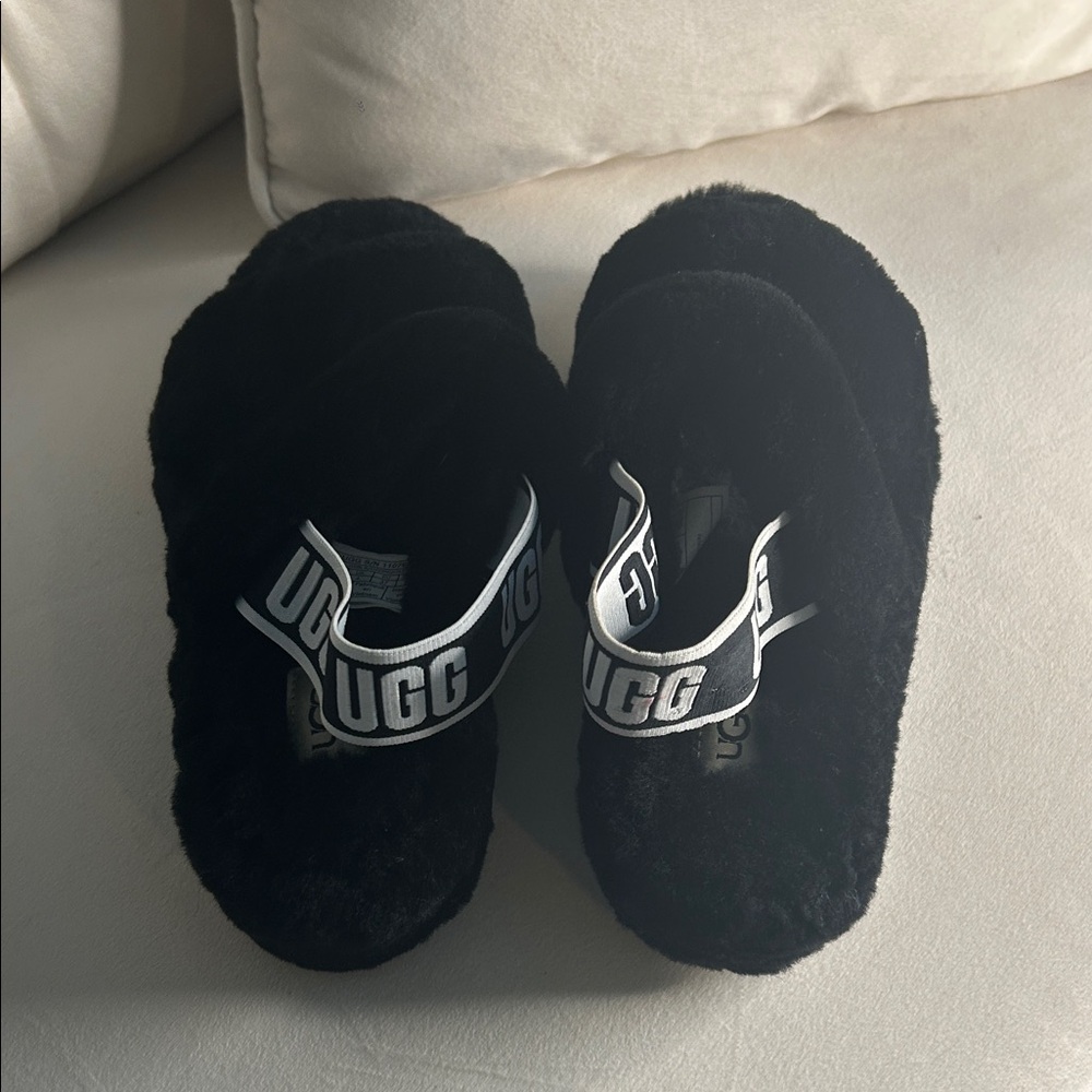 UGG Black Fluffy Slides with Logo Strap